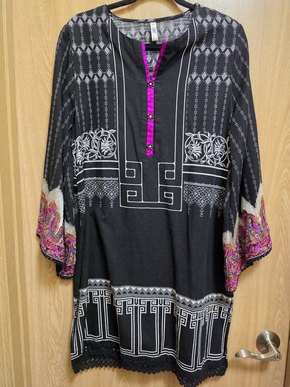 Ethnic Indian Wear Black Tunic with Pink Accent and Multicolor Sleeve Embroidery